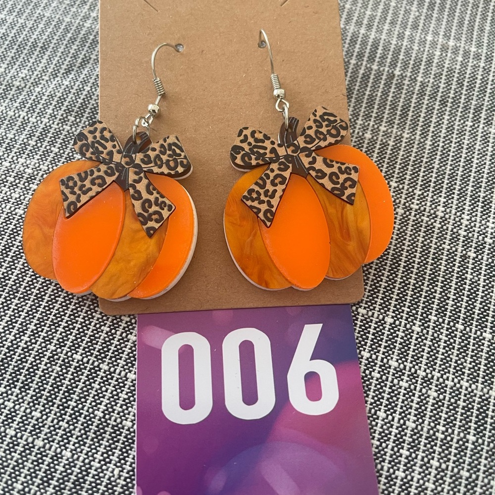 Orange Pumpkin Earrings with Leopard Bow